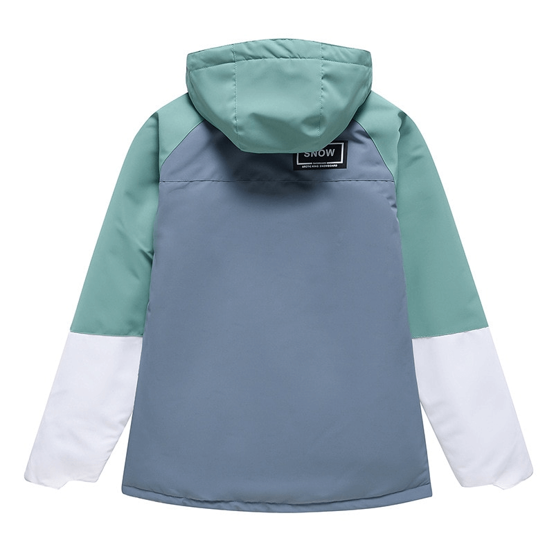 Back view of a unisex warm waterproof snowboarding jacket with a double zipper and hooded collar, perfect for skiing and winter adventures.